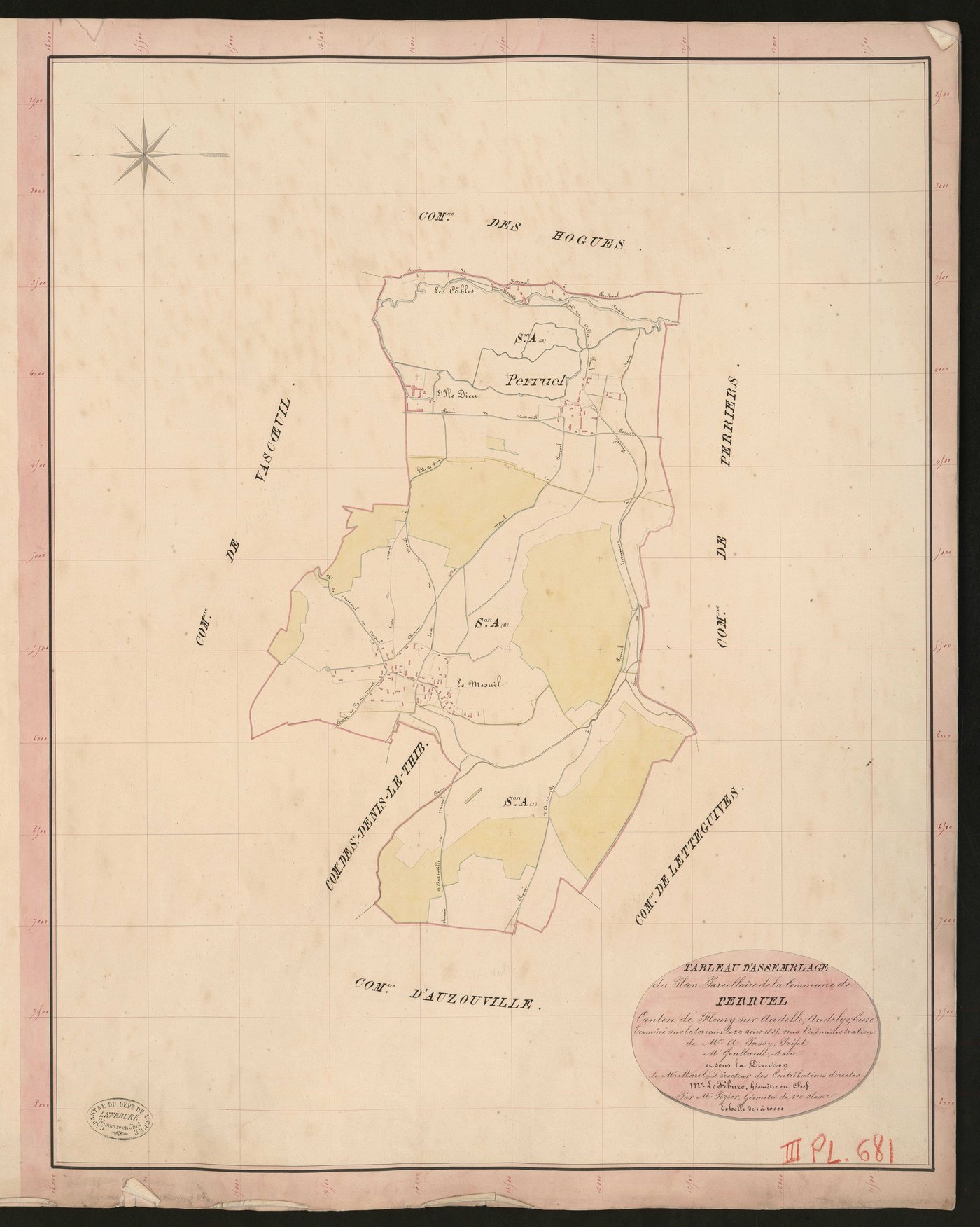 Perruel. Tableau d'assemblage du Plan Parcellaire de la Commune de Perruel. _ Canton de Fleury-sur-Andelle - Andelys - Eure. _ Terminé sur le terrain le 24 août 1835, sous l'administration de M. A. Passy, Préfet - M. Geullard, Maire et sous