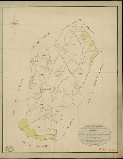 Piencourt. Tableau d'assemblage _ du Plan Parcellaire de la Commune de Piencourt _ Canton de Thiberville - Bernay - Eure. _ Terminé sur le Terrain le 29 Septembre 1845 , sous l'administration de M. Zedée, Préfet _ M. Le françois, Maire _ so