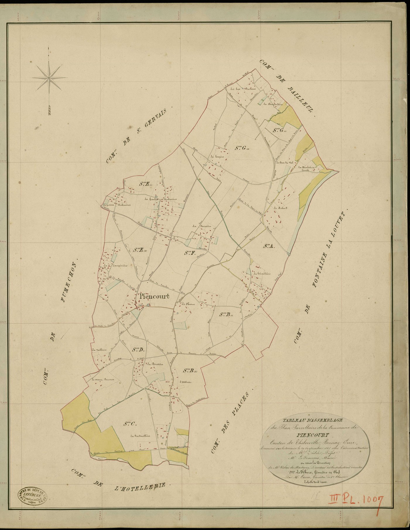 Piencourt. Tableau d'assemblage _ du Plan Parcellaire de la Commune de Piencourt _ Canton de Thiberville - Bernay - Eure. _ Terminé sur le Terrain le 29 Septembre 1845 , sous l'administration de M. Zedée, Préfet _ M. Le françois, Maire _ so