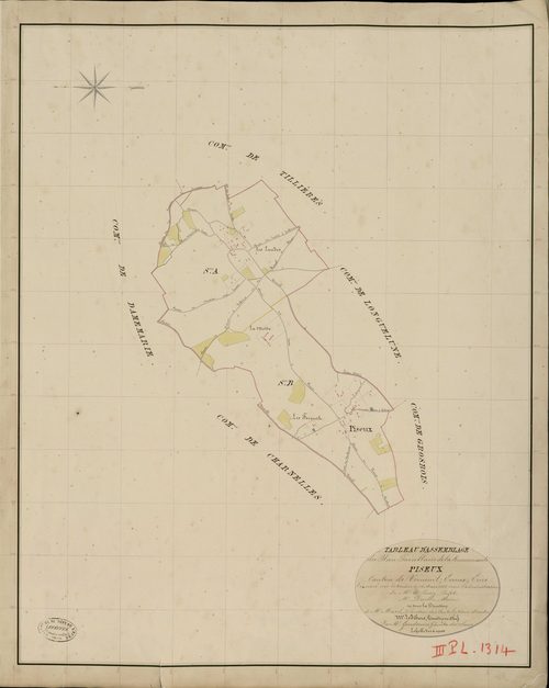 Piseux. Tableau d'assemblage _ du Plan Parcellaire de la Commune de Piseux _ Canton de Verneuil - Evreux - Eure. _ Terminé sur le Terrain le 24 Mars 1836, sous l'administration de M. A. Passy, Préfet _ M. Desclos, Maire _ et sous la Directi