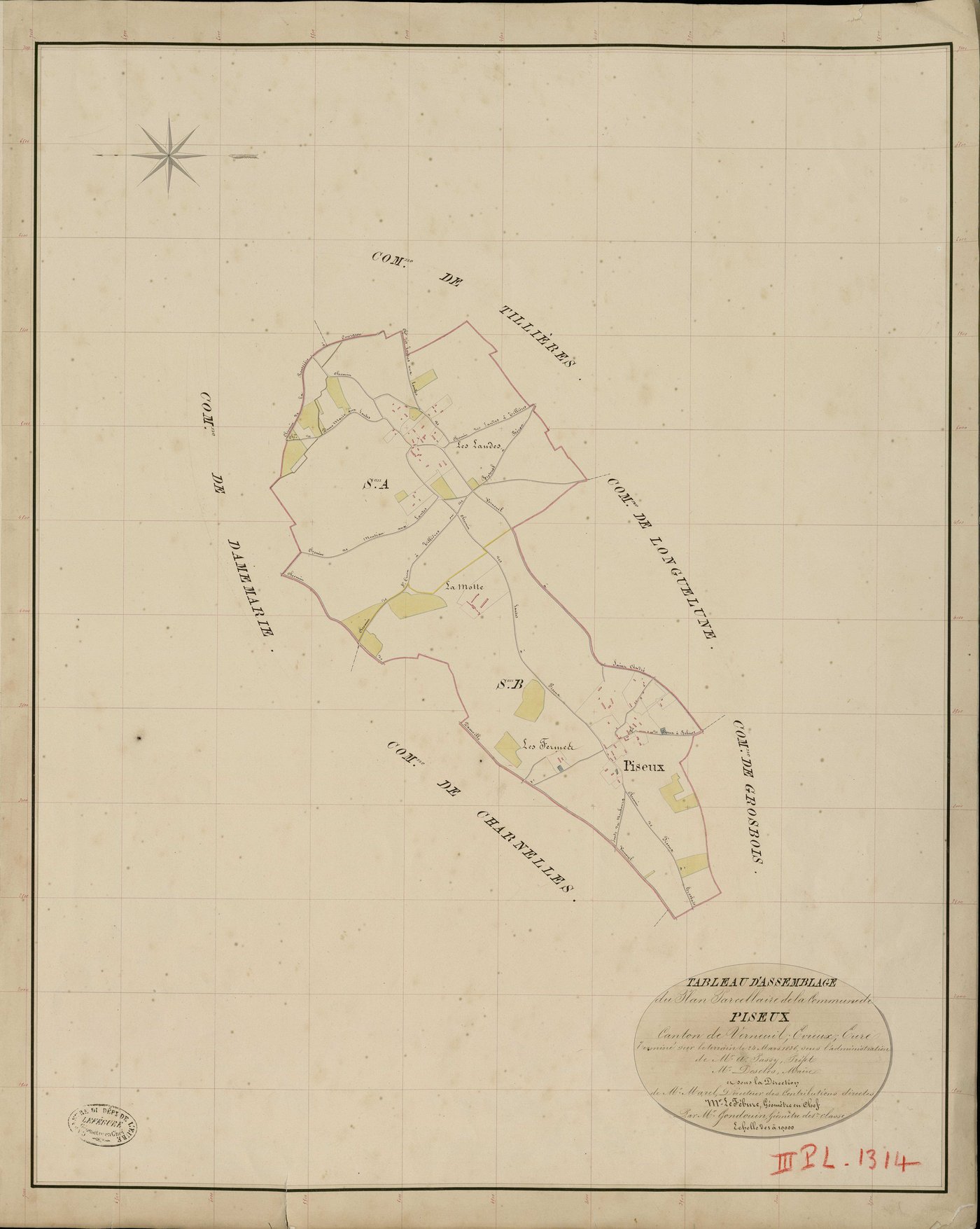 Piseux. Tableau d'assemblage _ du Plan Parcellaire de la Commune de Piseux _ Canton de Verneuil - Evreux - Eure. _ Terminé sur le Terrain le 24 Mars 1836, sous l'administration de M. A. Passy, Préfet _ M. Desclos, Maire _ et sous la Directi
