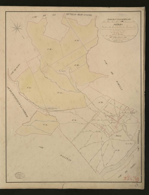 Pitres. Tableau d'assemblage _ du Plan Parcellaire de la Commune de Pitres. _ Canton de Pont-de-l'Arche - Louviers - Eure. _ Terminé sur le terrain le 25 Novembre 1834 sous l'administration de M. A. Passy, Préfet _ M. Lapètre, maire _ en so
