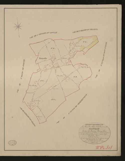 Plainville. Tableau d'assemblage _ du Plan Parcellaire de la Commune de Plainville. _ Canton de Bernay - Bernay - Eure. _ Terminé sur le terrain le 25 avril 1830 sous l'administration de M.Le Vicomte Raymond Delaitre Préfet _ M.Groult, mair