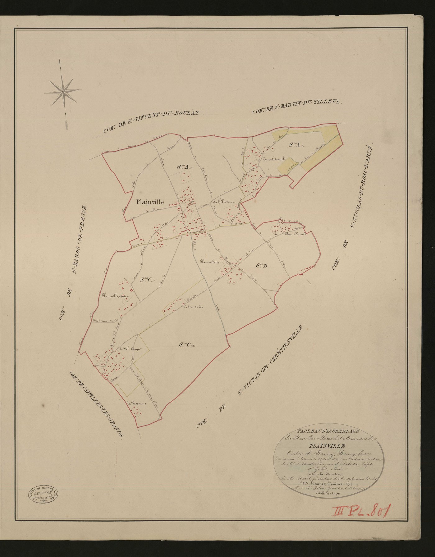 Plainville. Tableau d'assemblage _ du Plan Parcellaire de la Commune de Plainville. _ Canton de Bernay - Bernay - Eure. _ Terminé sur le terrain le 25 avril 1830 sous l'administration de M.Le Vicomte Raymond Delaitre Préfet _ M.Groult, mair