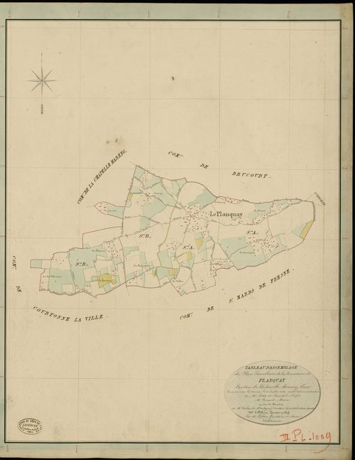 Planquay (Le). Tableau d'assemblage _ du Plan Parcellaire de la Commune des Planquay _ Canton de Thiberville - Bernay - Eure. _ Terminé sur le Terrain le 3 Juillet 1846 , sous l'administration de M. petit de Bantel, Préfet _ M. Conard, Mair