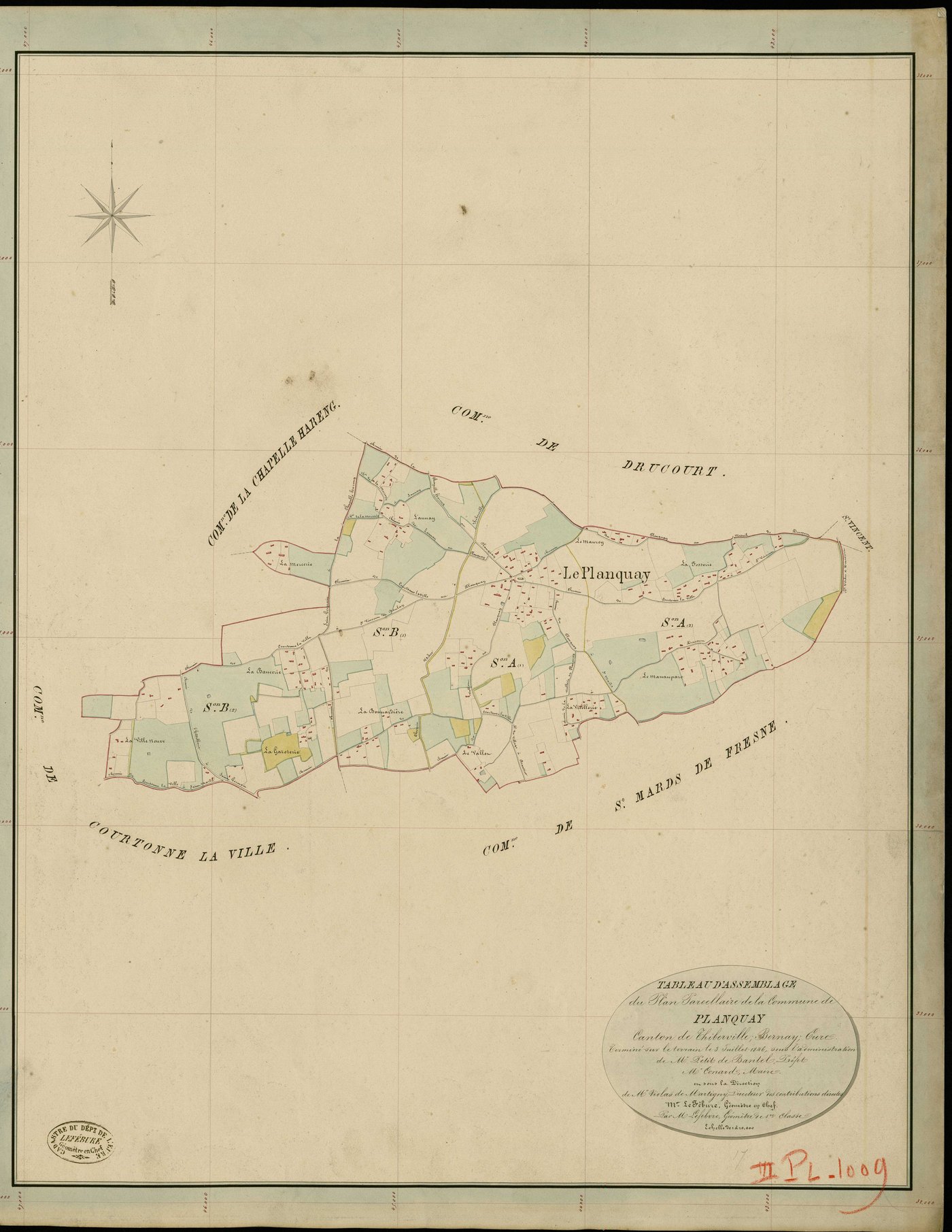 Planquay (Le). Tableau d'assemblage _ du Plan Parcellaire de la Commune des Planquay _ Canton de Thiberville - Bernay - Eure. _ Terminé sur le Terrain le 3 Juillet 1846 , sous l'administration de M. petit de Bantel, Préfet _ M. Conard, Mair