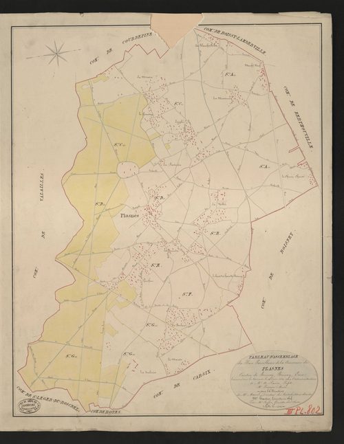 Plasnes. Tableau d'assemblage _ du Plan Parcellaire de la Commune de Plasnes. _ Canton de Bernay - Bernay - Eure. _ Terminé sur le terrain le 24 juin 1830 sous l'administration de M.A Passy Préfet _ M.Peauger, maire _ en sous la Direction d