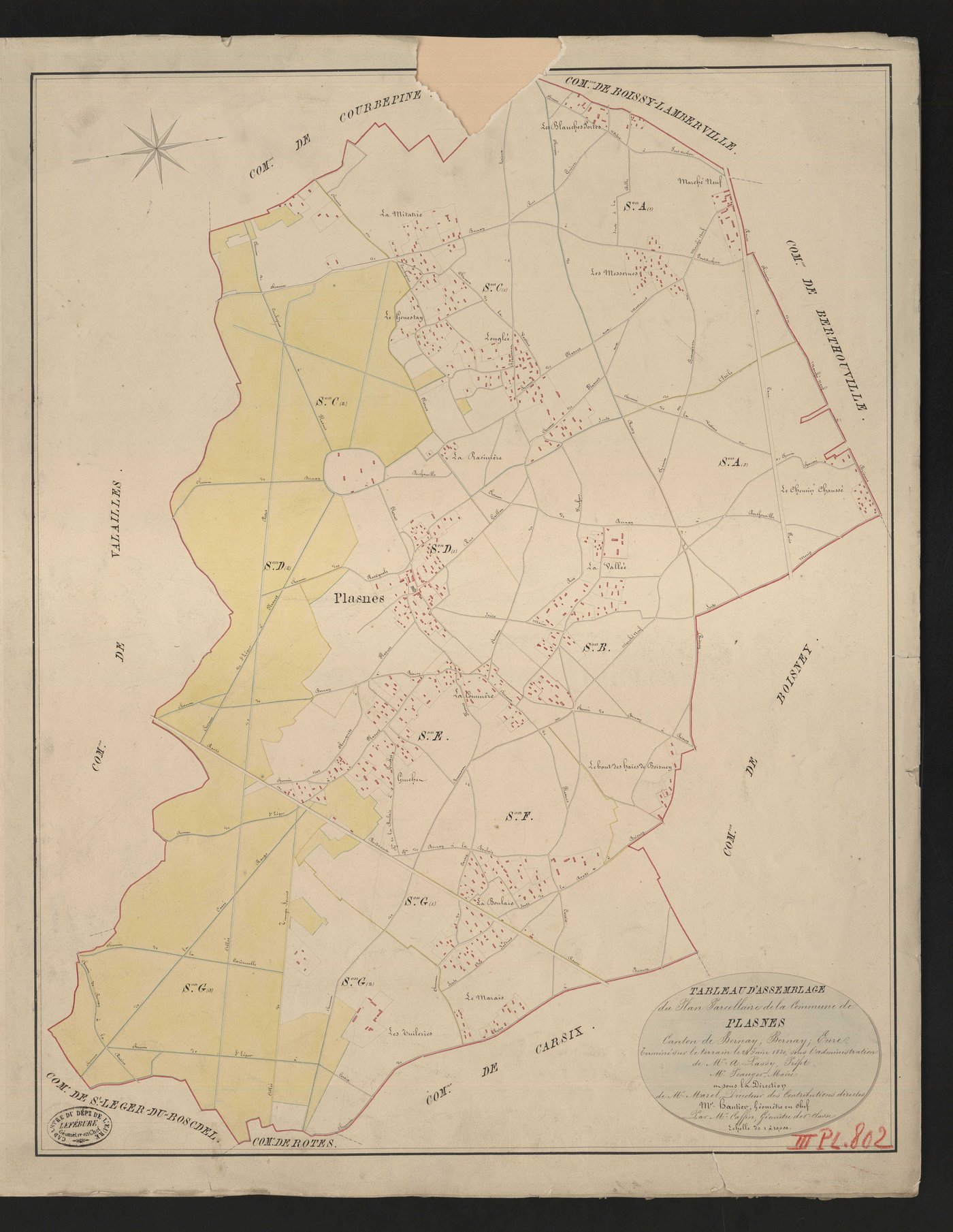 Plasnes. Tableau d'assemblage _ du Plan Parcellaire de la Commune de Plasnes. _ Canton de Bernay - Bernay - Eure. _ Terminé sur le terrain le 24 juin 1830 sous l'administration de M.A Passy Préfet _ M.Peauger, maire _ en sous la Direction d