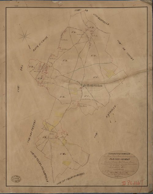 Plessis-Grohan (Le). Tableau d'assemblage _ du Plan Parcellaire de la Commune de Plessis Grohan _ Canton de Evreux Sud - Evreux - Eure. _ Terminé sur le Terrain le 10 Avril 1841, sous l'administration de M. Zédé, Préfet _ M. Saudbreuil, Mai