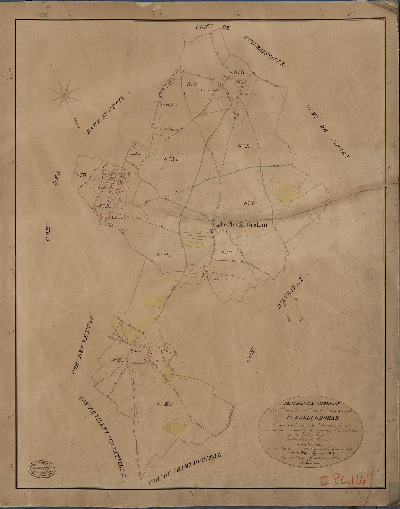 Plessis-Grohan (Le). Tableau d'assemblage _ du Plan Parcellaire de la Commune de Plessis Grohan _ Canton de Evreux Sud - Evreux - Eure. _ Terminé sur le Terrain le 10 Avril 1841, sous l'administration de M. Zédé, Préfet _ M. Saudbreuil, Mai
