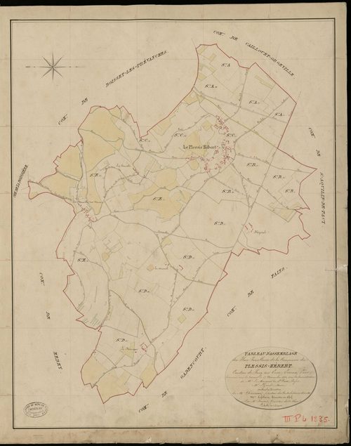 Plessis-Hébert (Le). Tableau d'assemblage _ du Plan Parcellaire de la Commune de Plessis-Hébert _ Canton de Pacy sur Eure - Evreux - Eure. _ Terminé sur le Terrain le 14 Novembre 1852, sous l'administration de M. Le Marquis de Ste Croix, Pr