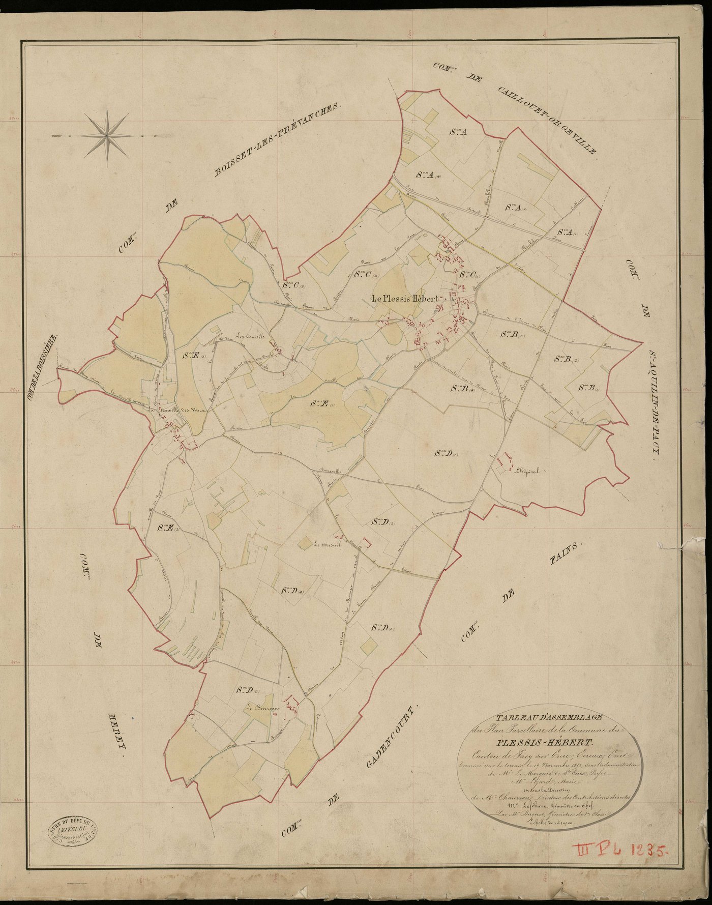 Plessis-Hébert (Le). Tableau d'assemblage _ du Plan Parcellaire de la Commune de Plessis-Hébert _ Canton de Pacy sur Eure - Evreux - Eure. _ Terminé sur le Terrain le 14 Novembre 1852, sous l'administration de M. Le Marquis de Ste Croix, Pr