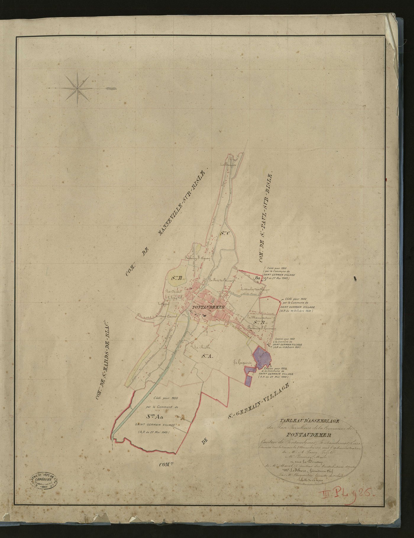 Pont-Audemer. Tableau d'assemblage _ du Plan Parcellaire de la Commune de Pontaudemer _ Canton de Pontaudemer - Pontaudemer - Eure. _ Terminé sur le Terrain le 3 Novembre 1835, sous l'administration de M. A Passy, Préfet _ M. Boursy, Maire 