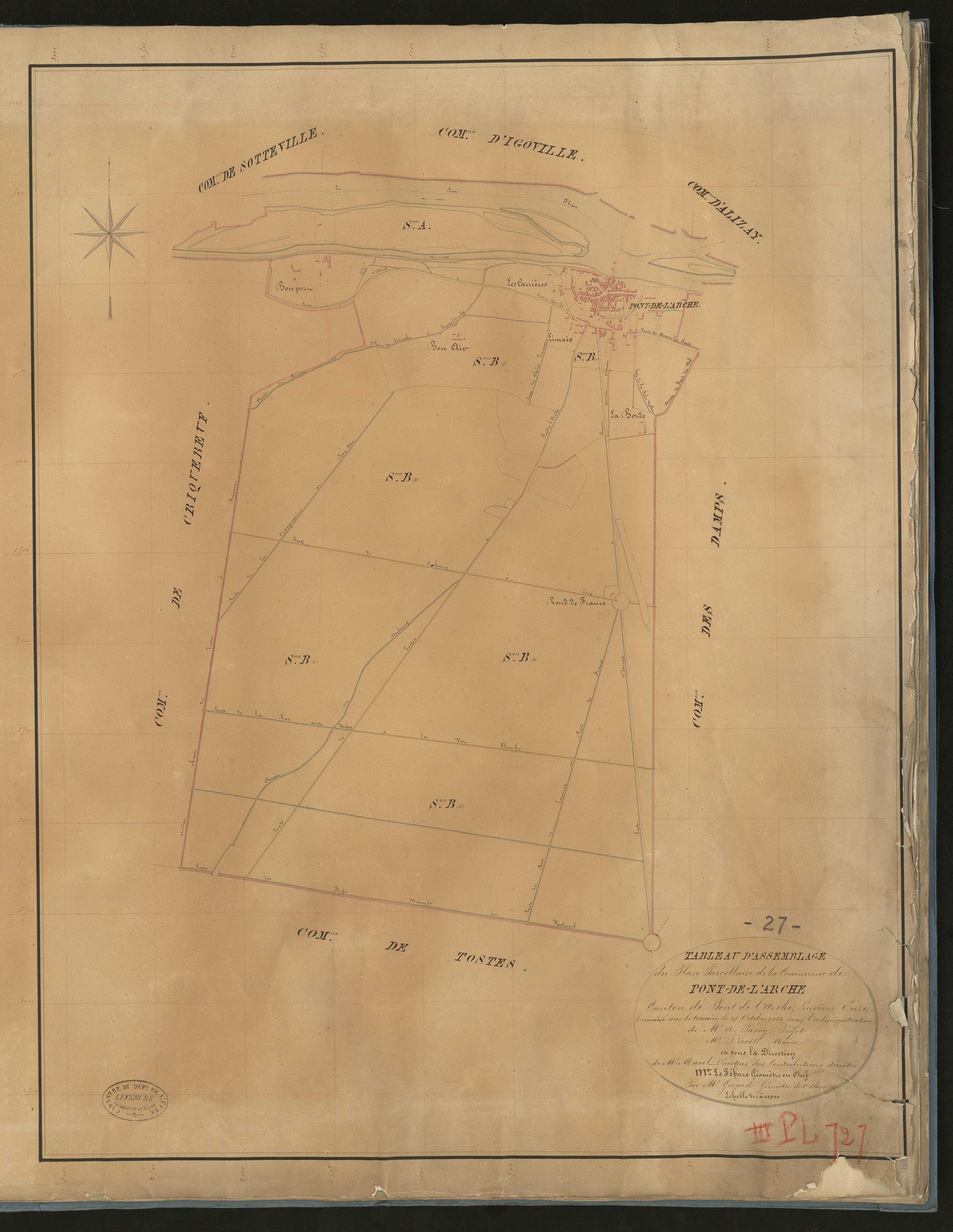 Pont-de-l'Arche. Tableau d'assemblage du Plan Parcellaire de la commune de Pont-de-l'arche _ Canton de Pont-de-l'Arche - Louviers - Eure. _ Terminé sur le terrain le 21 octobre 1834 sous l'administration de M. A. Passy, Préfet _ M. Ducôté, 