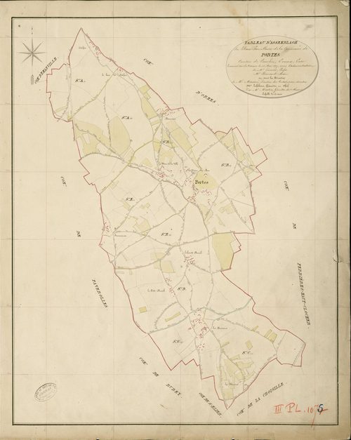Portes. Tableau d'assemblage _ du Plan Parcellaire de la Commune de Portes _ Canton de Conches - Evreux - Eure. _ Terminé sur le Terrain le 12 Mai 1859 , sous l'administration de M. Janvier, Préfet _ M. Renaud, Maire _ sous la Direction de 