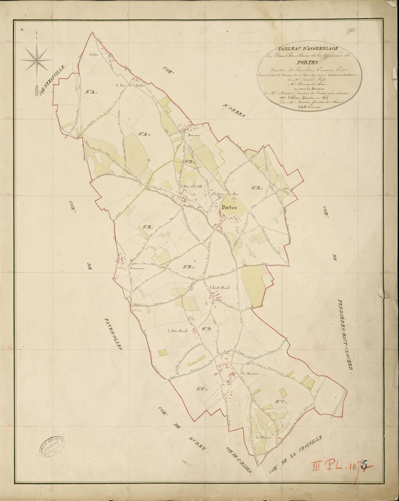 Portes. Tableau d'assemblage _ du Plan Parcellaire de la Commune de Portes _ Canton de Conches - Evreux - Eure. _ Terminé sur le Terrain le 12 Mai 1859 , sous l'administration de M. Janvier, Préfet _ M. Renaud, Maire _ sous la Direction de 