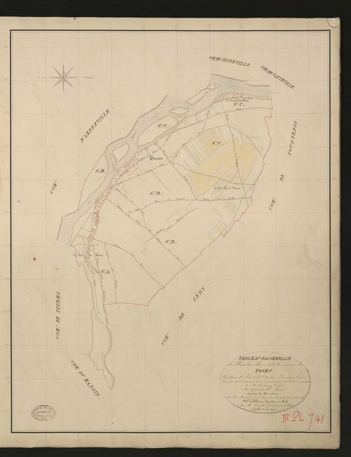 Poses. Tableau d'assemblage _ du Plan Parcellaire de la Commune de Poses. _ Canton de Pont-de-l'Arche - Louviers - Eure. _ Terminé sur le terrain le 27 décembre 1834 sous l'administration de M. A. Passy, Préfet _ M. Quenneville, maire _ en 