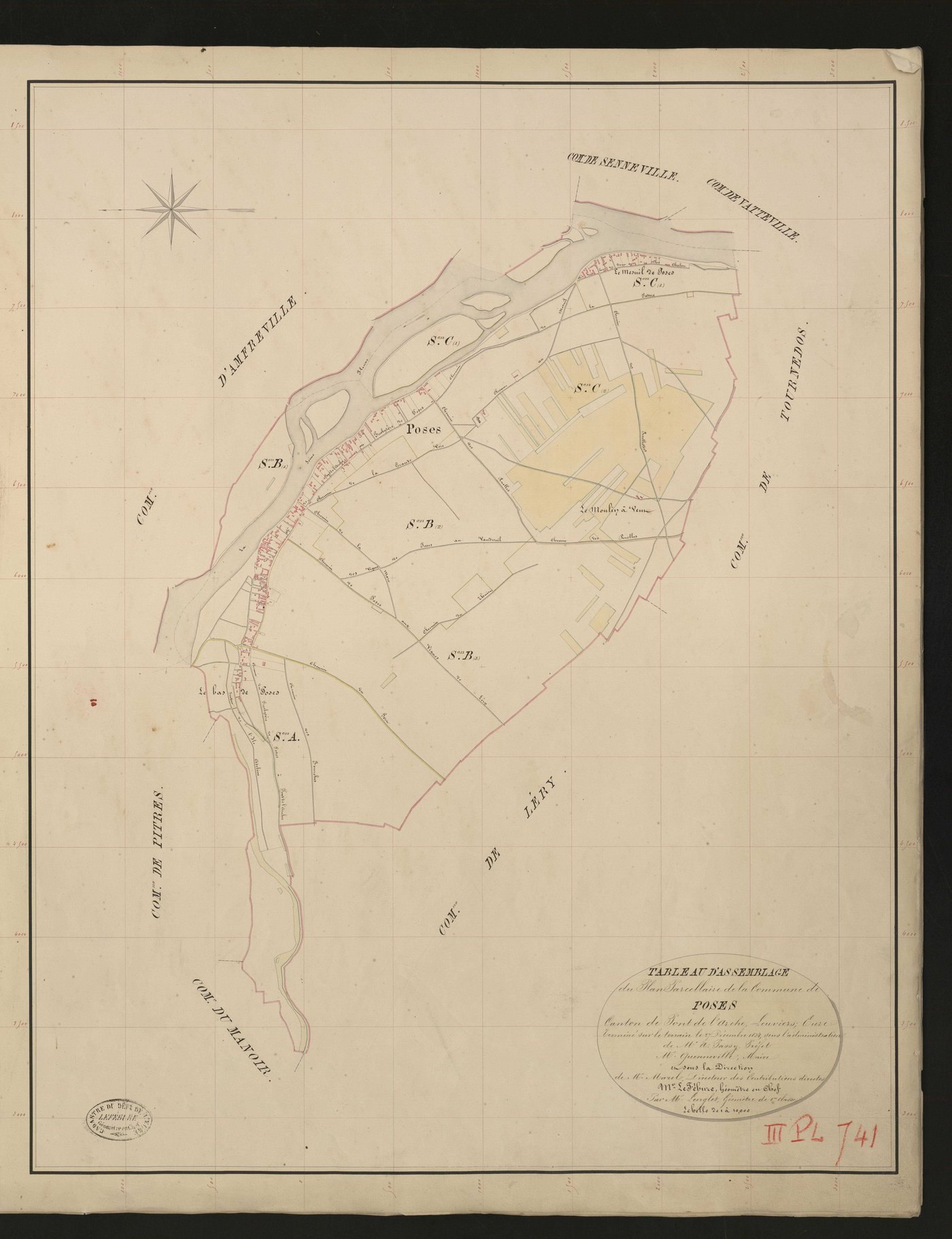 Poses. Tableau d'assemblage _ du Plan Parcellaire de la Commune de Poses. _ Canton de Pont-de-l'Arche - Louviers - Eure. _ Terminé sur le terrain le 27 décembre 1834 sous l'administration de M. A. Passy, Préfet _ M. Quenneville, maire _ en 