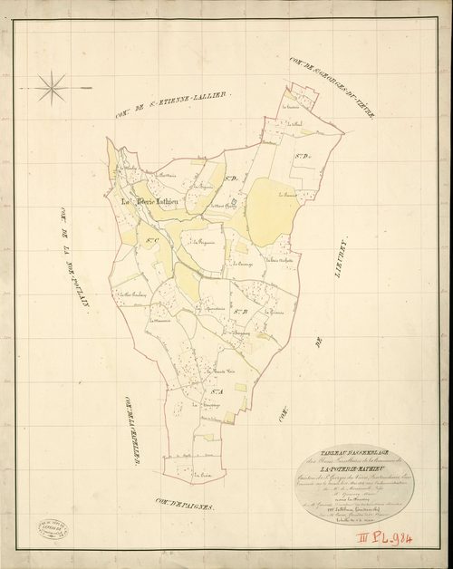 Poterie-Mathieu (La). Tableau d'assemblage _ du Plan Parcellaire de la Commune de la-Poterie-Mathieu _ Canton de St Georges-du-Vièvre - Pontaudemer - Eure. _ Terminé sur le Terrain le 12 mai 1838 , sous l'administration de M. de Monicault, 
