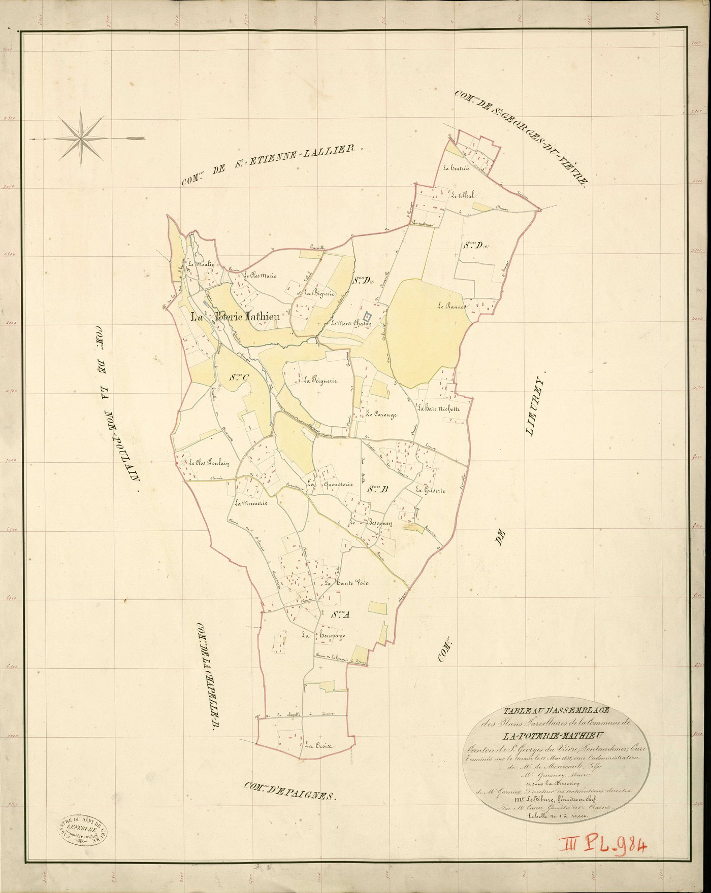 Poterie-Mathieu (La). Tableau d'assemblage _ du Plan Parcellaire de la Commune de la-Poterie-Mathieu _ Canton de St Georges-du-Vièvre - Pontaudemer - Eure. _ Terminé sur le Terrain le 12 mai 1838 , sous l'administration de M. de Monicault, 