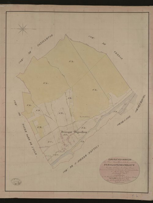 Pressagny-l'Orgueilleux. Tableau d'assemblage du Plan Parcellaire de la Commune de Pressagny-l'Orgueilleux. _ Canton d'Ecos - Andelys - Eure. _ Terminé sur le terrain le 11 juin 1837, sous l'administration de M. A Passy, Préfet - M. Eustach