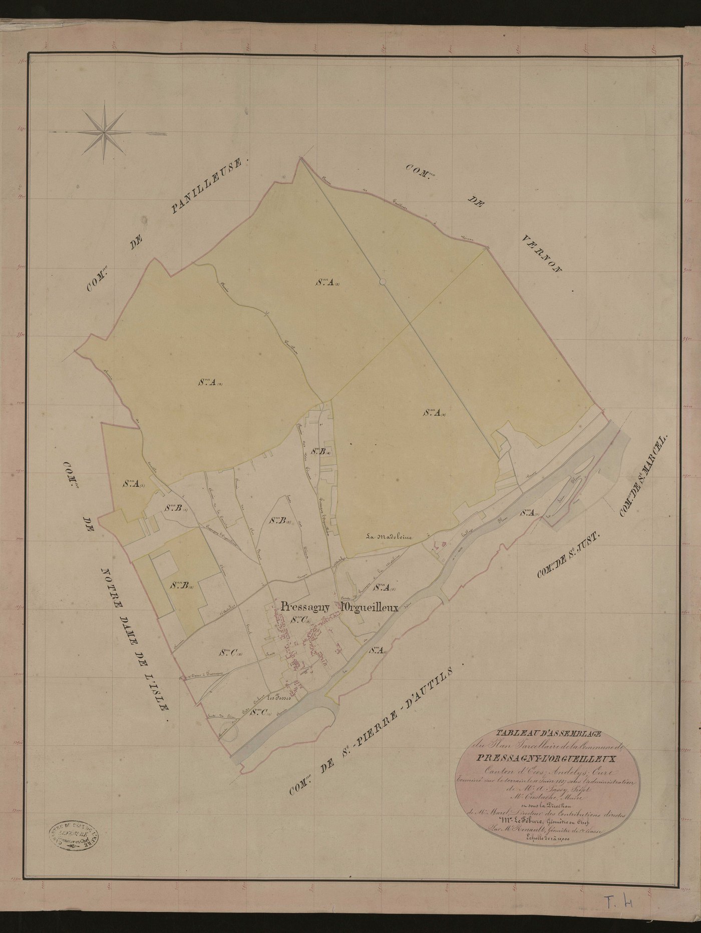 Pressagny-l'Orgueilleux. Tableau d'assemblage du Plan Parcellaire de la Commune de Pressagny-l'Orgueilleux. _ Canton d'Ecos - Andelys - Eure. _ Terminé sur le terrain le 11 juin 1837, sous l'administration de M. A Passy, Préfet - M. Eustach