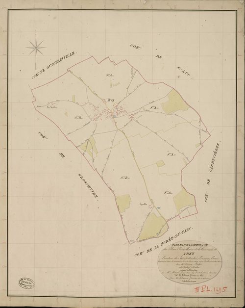 Prey. Tableau d'assemblage _ du Plan Parcellaire de la Commune de Prey _ Canton de Saint André - Evreux - Eure. _ Terminé sur le Terrain le 23 Juin 1837, sous l'administration de M. Passy, Préfet _ M. Peley, Maire _ et sous la Direction de 