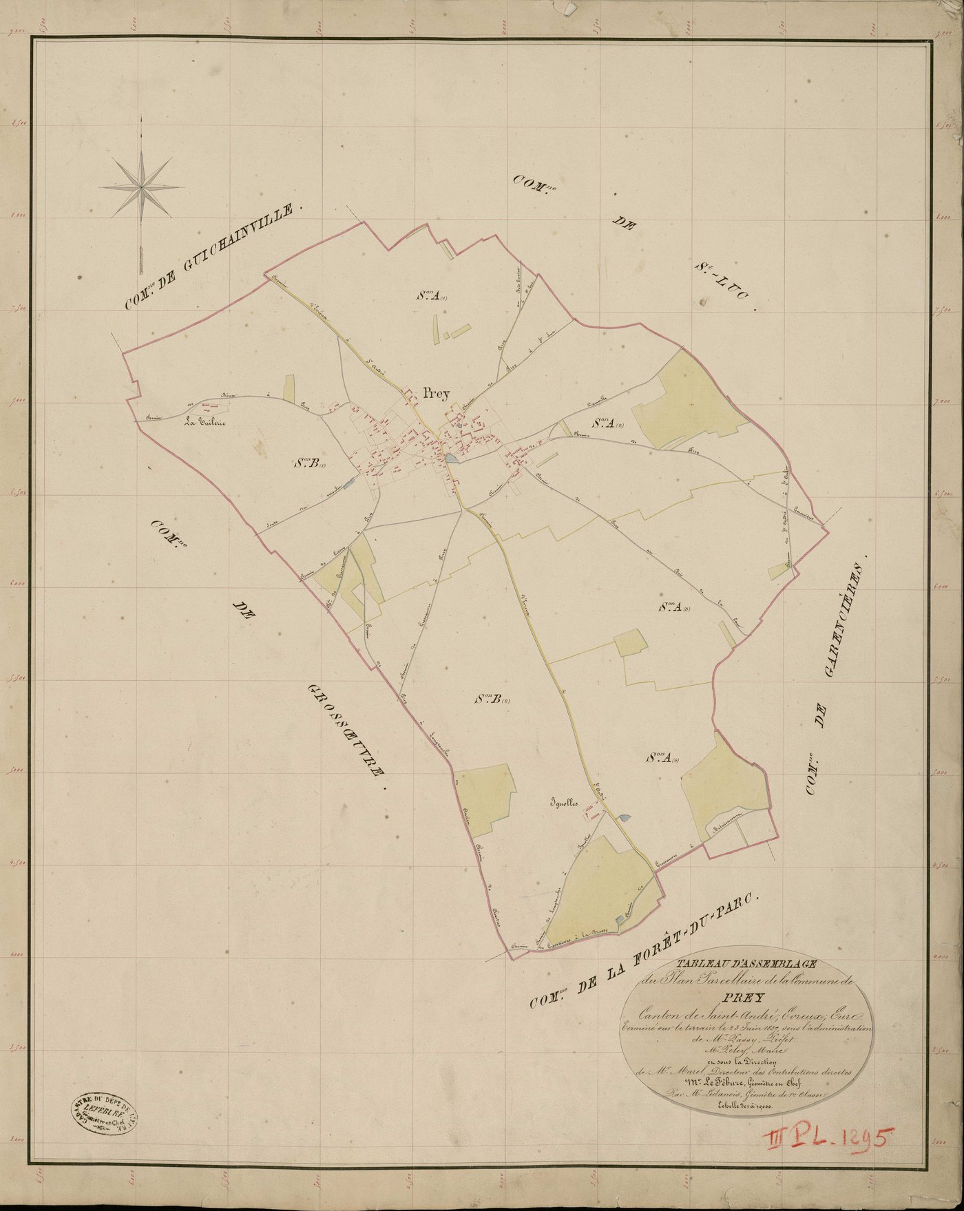 Prey. Tableau d'assemblage _ du Plan Parcellaire de la Commune de Prey _ Canton de Saint André - Evreux - Eure. _ Terminé sur le Terrain le 23 Juin 1837, sous l'administration de M. Passy, Préfet _ M. Peley, Maire _ et sous la Direction de 