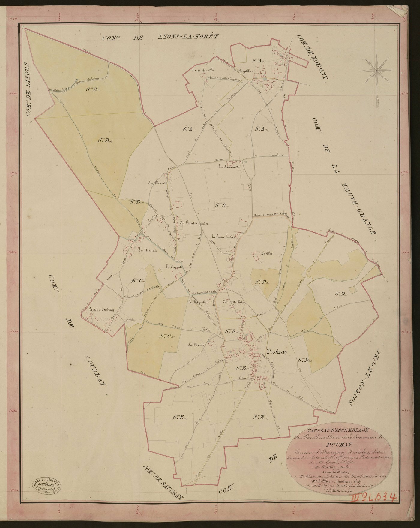 Puchay. Tableau d'assemblage du Plan Parcellaire de la Commune de Puchay. _ Canton d'Etrépagny - Andelys - Eure. _ Terminé sur le terrain le 19 septembre 1850, sous l'administration de M. Guyot, Préfet - M. Marest, Maire et sous la directio