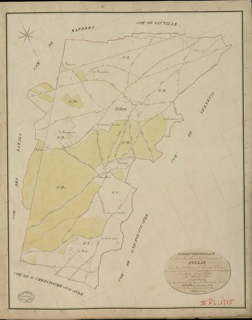 Pullay. Tableau d'assemblage _ du Plan Parcellaire de la Commune de Pullay _ Canton de Verneuil - Evreux - Eure. _ Terminé sur le Terrain le 25 Décembre 1835, sous l'administration de M. A. Passy, Préfet _ M. Allard, Maire _ et sous la Dire
