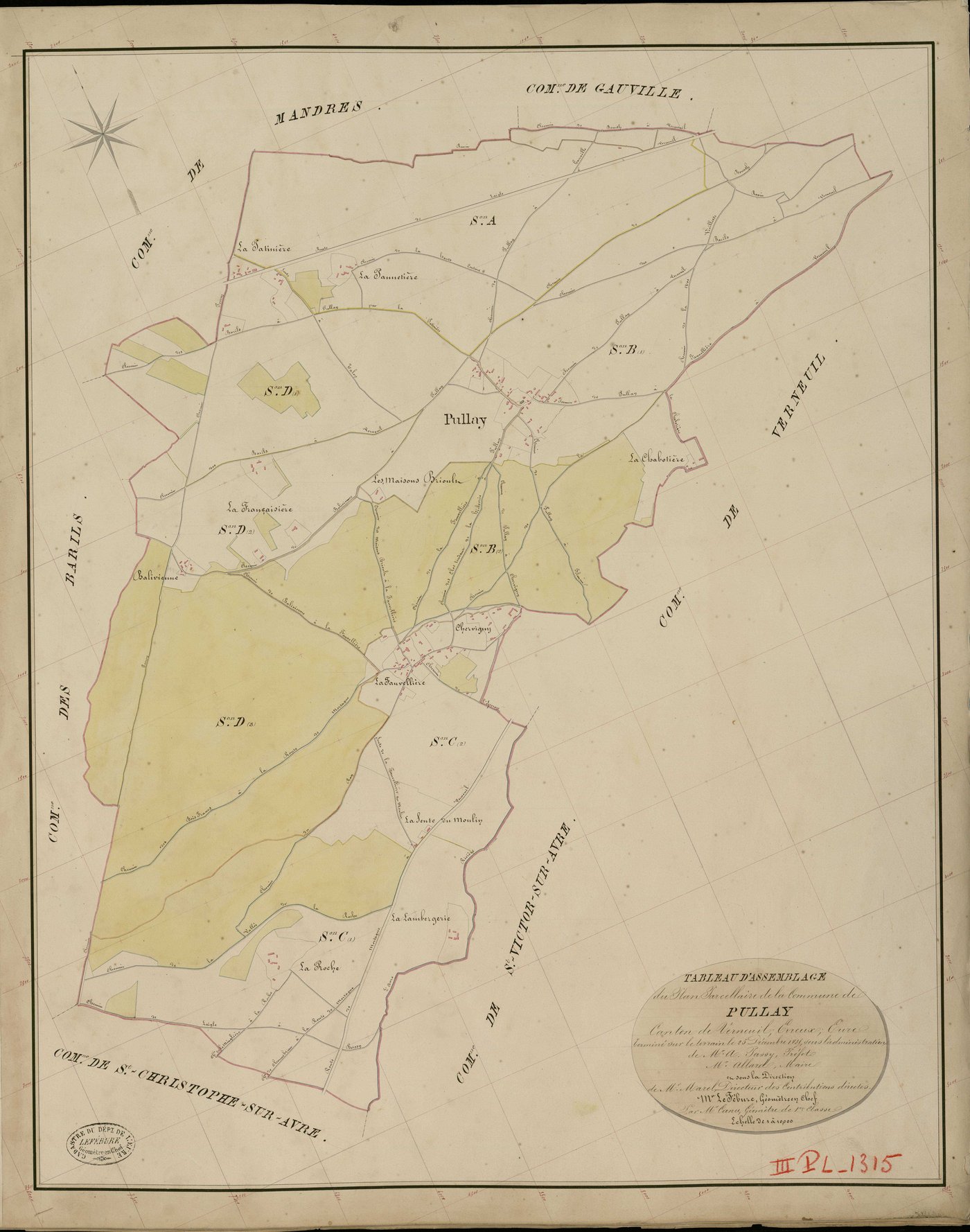 Pullay. Tableau d'assemblage _ du Plan Parcellaire de la Commune de Pullay _ Canton de Verneuil - Evreux - Eure. _ Terminé sur le Terrain le 25 Décembre 1835, sous l'administration de M. A. Passy, Préfet _ M. Allard, Maire _ et sous la Dire