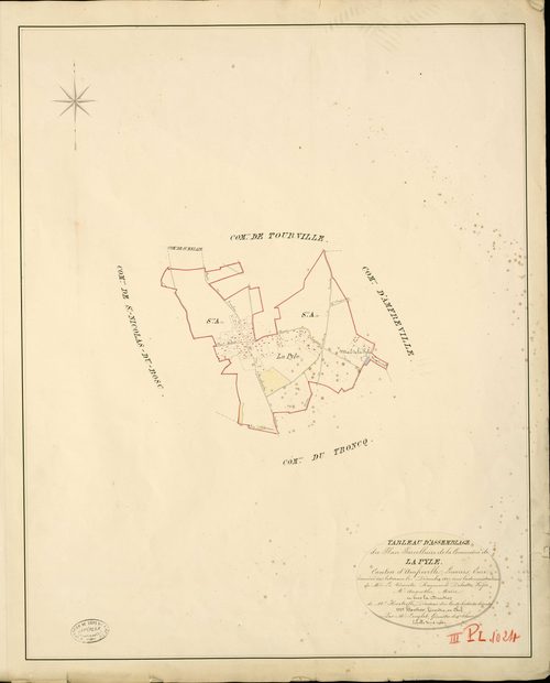 Pyle (La). Tableau d'assemblage _ du Plan Parcellaire de la Commune de La Pyle _ Canton d'Amfreville - Louviers - Eure. _ Terminé sur le Terrain en Décembre 1827 , sous l'administration de M. Le Vicomte Raymond Delaître , Préfet _ M. Anguet