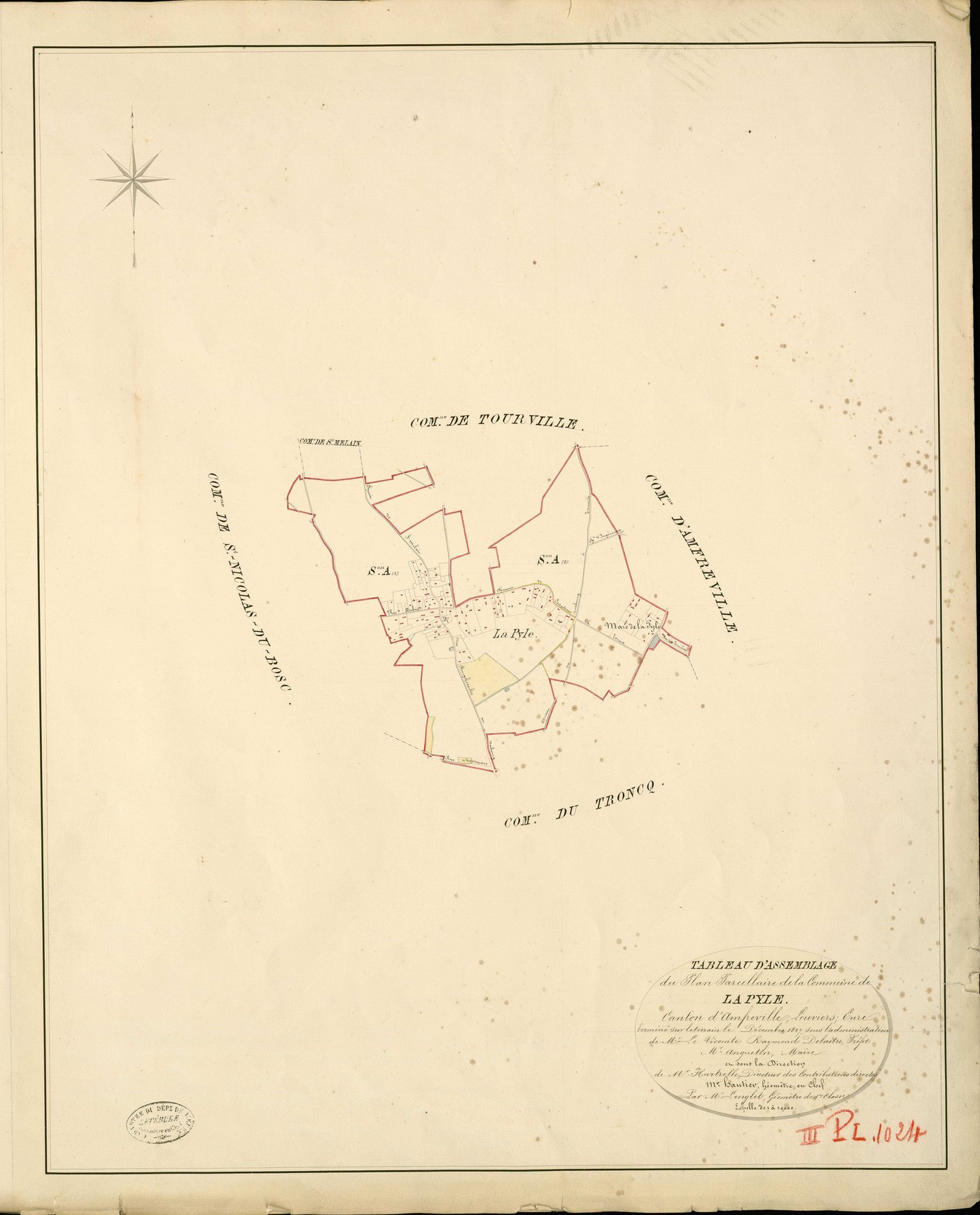 Pyle (La). Tableau d'assemblage _ du Plan Parcellaire de la Commune de La Pyle _ Canton d'Amfreville - Louviers - Eure. _ Terminé sur le Terrain en Décembre 1827 , sous l'administration de M. Le Vicomte Raymond Delaître , Préfet _ M. Anguet