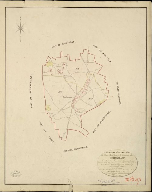 Quatremare. Tableau d'assemblage _ du Plan Parcellaire de la Commune de Quatremare _ Canton de Louviers - Louviers - Eure. _ Terminé sur le Terrain en 1823, sous l'administration de M. Le Vicomte Raymond Delaitre, Préfet _ M. Duval, Maire _