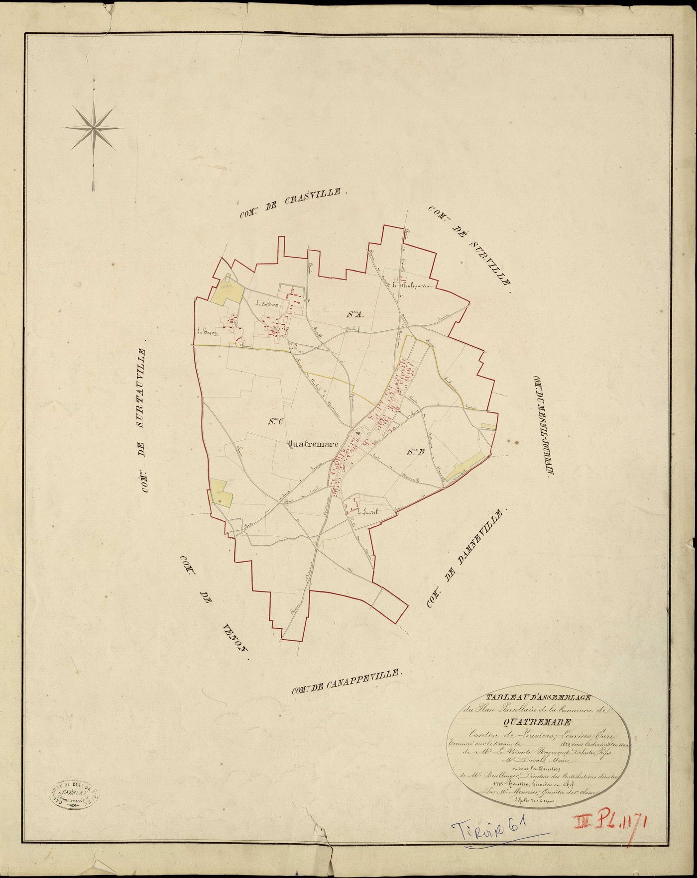 Quatremare. Tableau d'assemblage _ du Plan Parcellaire de la Commune de Quatremare _ Canton de Louviers - Louviers - Eure. _ Terminé sur le Terrain en 1823, sous l'administration de M. Le Vicomte Raymond Delaitre, Préfet _ M. Duval, Maire _