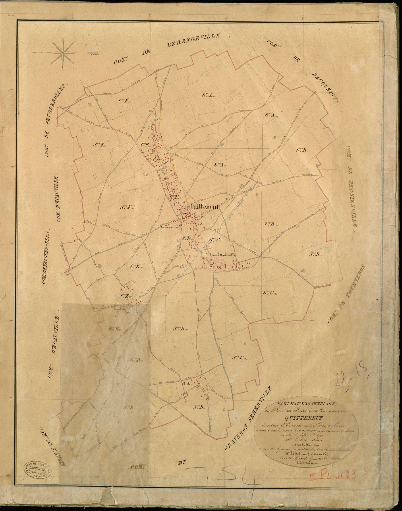 Quittebeuf. Tableau d'assemblage _ du Plan Parcellaire de la Commune de Quittebeuf _ Canton de Evreux (nord) - Evreux - Eure. _ Terminé sur le Terrain le 16 Aout 1841 , sous l'administration de M. Zédé, Préfet _ M. Leclerc, Maire _ sous la 