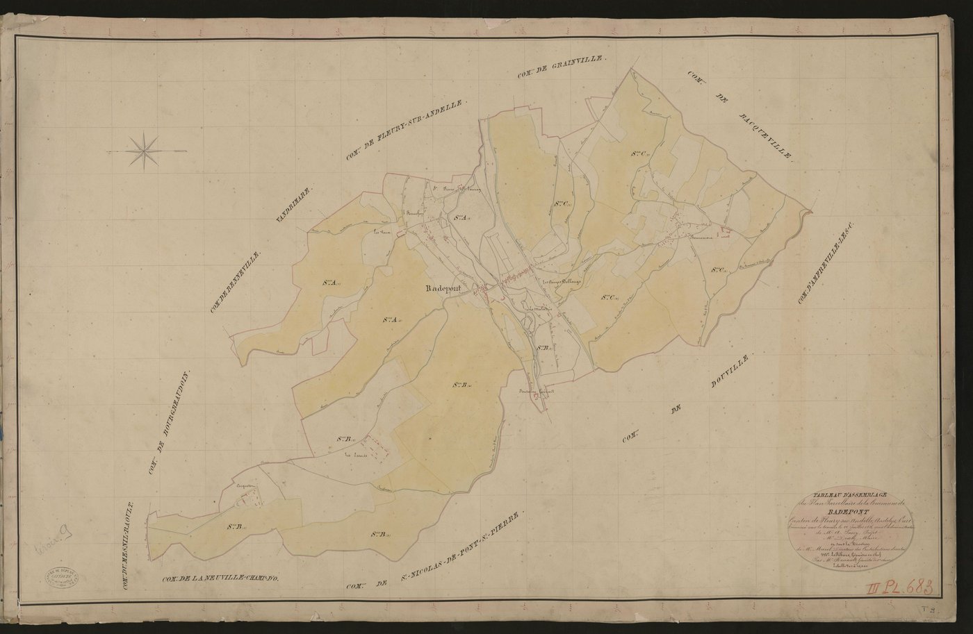 Radepont. Tableau d'assemblage du Plan Parcellaire de la Commune de Radepont. _ Canton de Fleury-sur-Andelle - Andelys - Eure. _ Terminé sur le terrain le 22 juillet 1836, sous l'administration de M. A. Passy, Préfet - M. Dresly, Maire et s