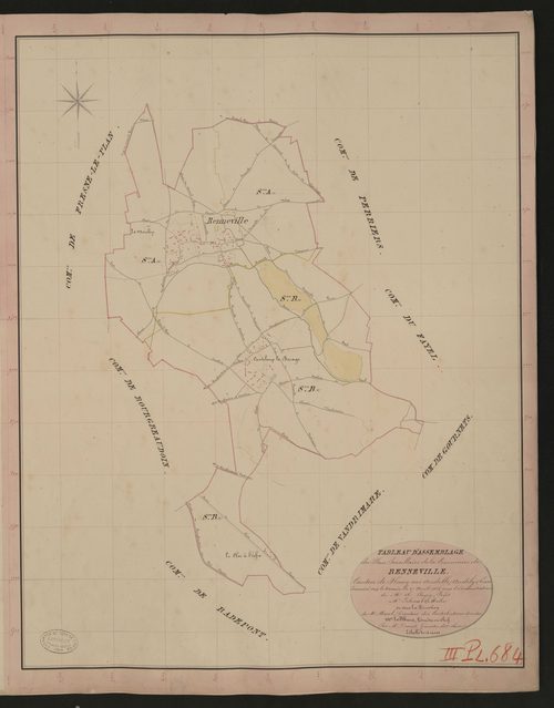Renneville. Tableau d'assemblage du Plan Parcellaire de la Commune de Renneville. _ Canton de Fleury-sur-Andelle - Andelys - Eure. _ Terminé sur le terrain le 27 avril 1836, sous l'administration de M. A. Passy, Préfet - M. Lebeaubé, Maire 