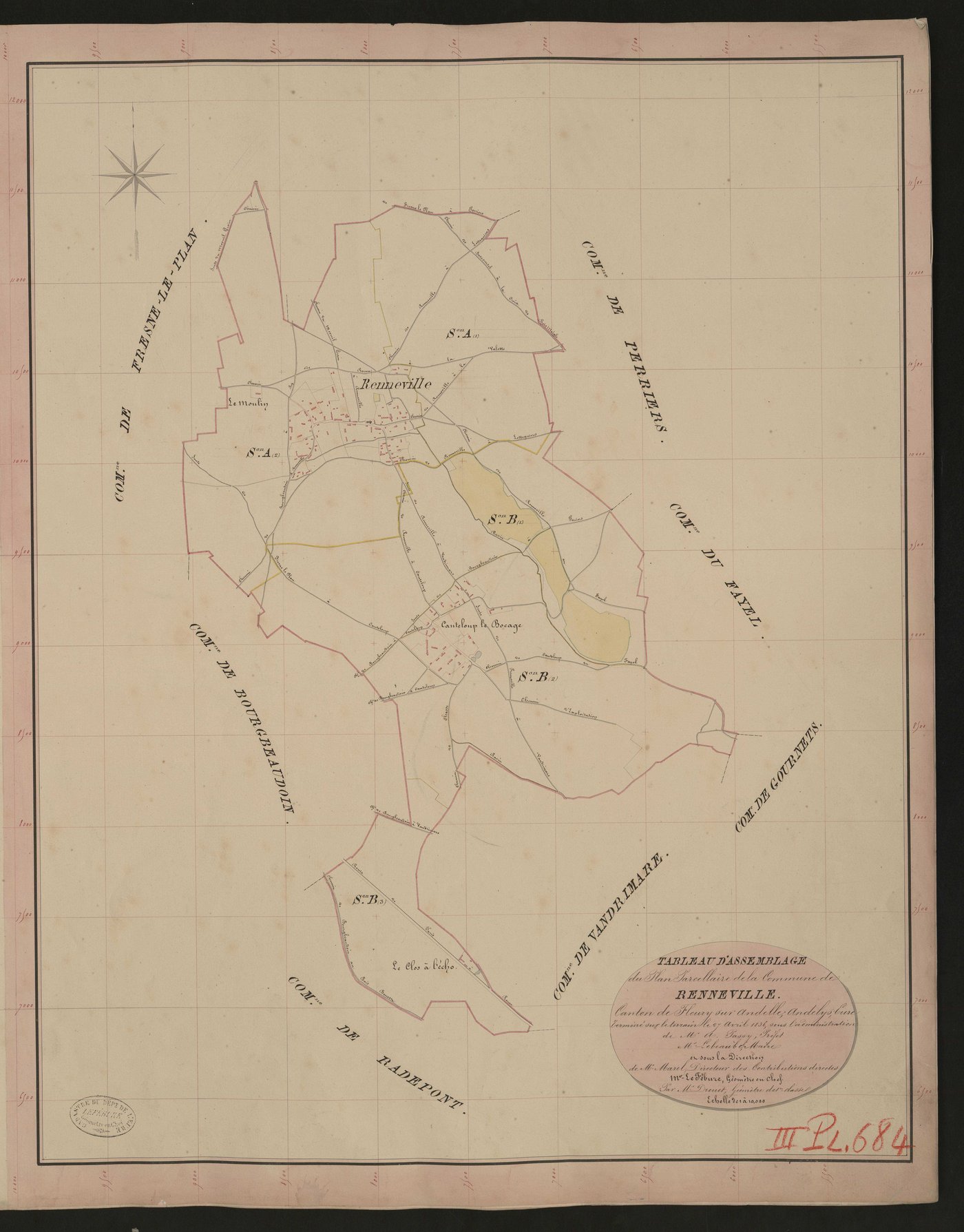 Renneville. Tableau d'assemblage du Plan Parcellaire de la Commune de Renneville. _ Canton de Fleury-sur-Andelle - Andelys - Eure. _ Terminé sur le terrain le 27 avril 1836, sous l'administration de M. A. Passy, Préfet - M. Lebeaubé, Maire 