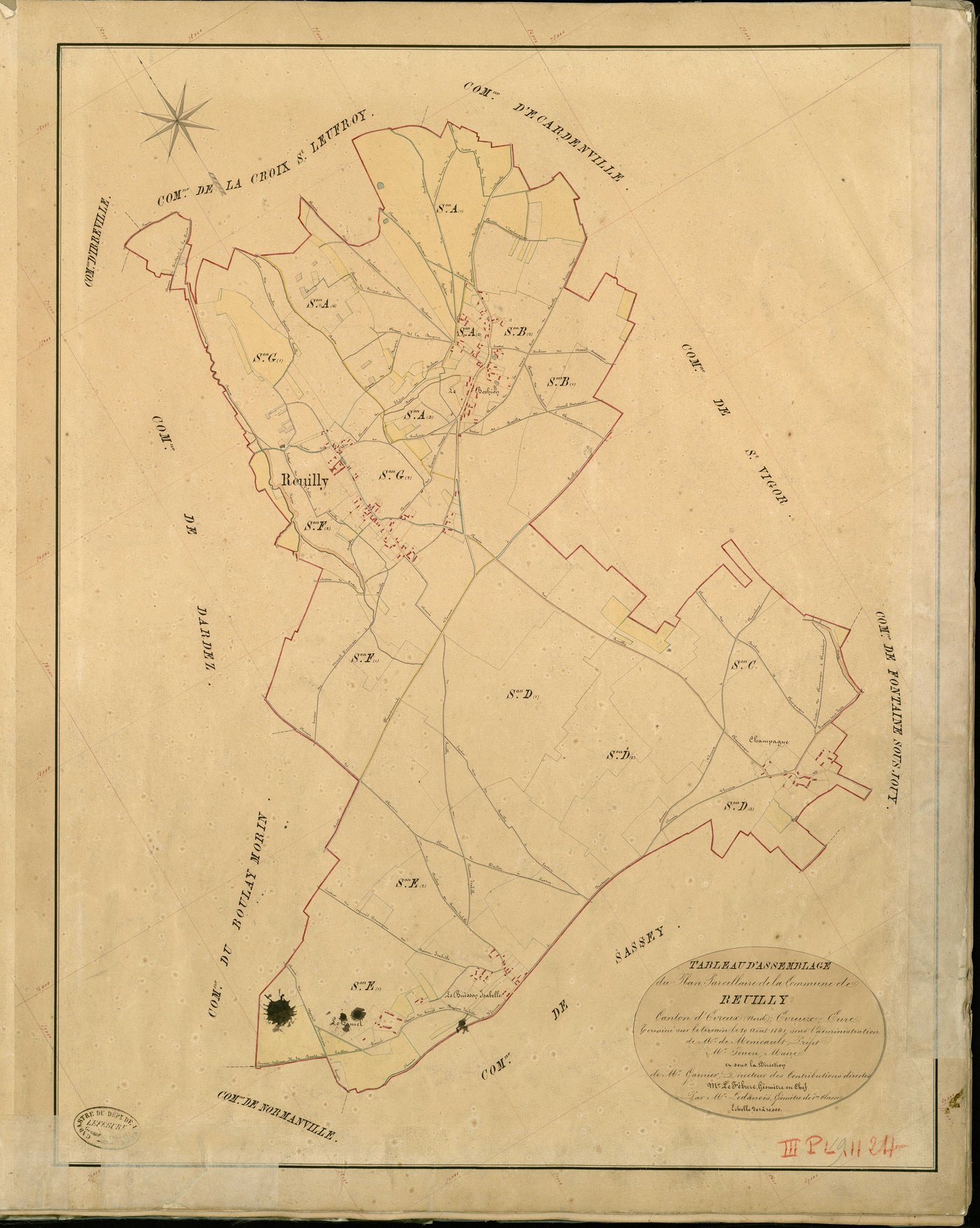 Reuilly. Tableau d'assemblage _ du Plan Parcellaire de la Commune de Reuilly _ Canton de Evreux (nord) - Evreux - Eure. _ Terminé sur le Terrain le 19 Aout 1841 , sous l'administration de M. de Monicault, Préfet _ M. Jouen, Maire _ sous la 