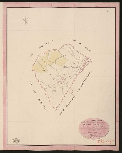 Richeville. Tableau d'assemblage du Plan Parcellaire de la Commune de Richeville-Flumesnil. _ Canton d'Etrépagny - Andelys - Eure. _ Terminé sur le terrain le 8 octobre 1849, sous l'administration de M. Vallon, Préfet - M. d'Hostel, Maire e