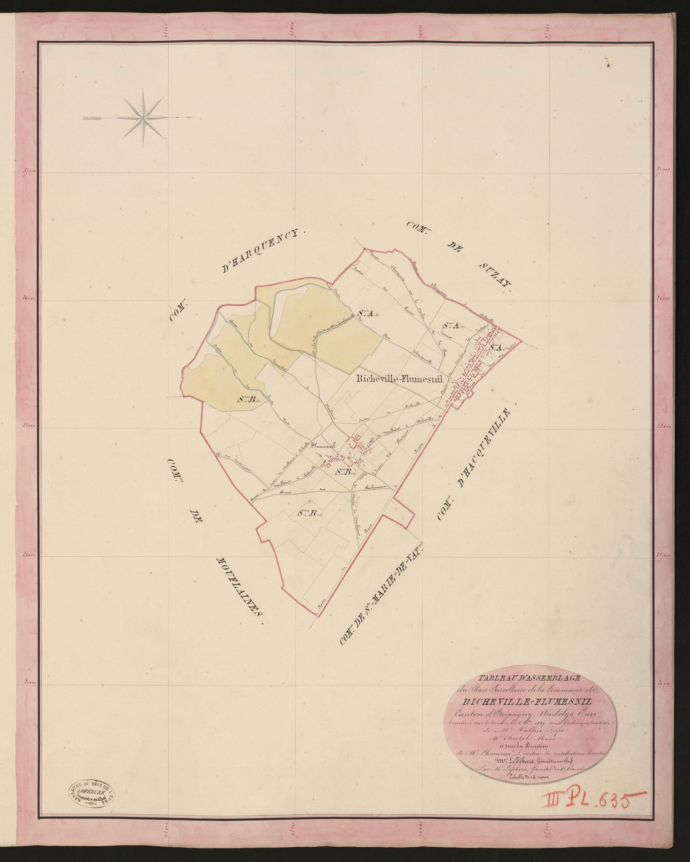 Richeville. Tableau d'assemblage du Plan Parcellaire de la Commune de Richeville-Flumesnil. _ Canton d'Etrépagny - Andelys - Eure. _ Terminé sur le terrain le 8 octobre 1849, sous l'administration de M. Vallon, Préfet - M. d'Hostel, Maire e