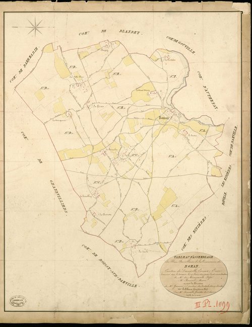 Roman. Tableau d'assemblage _ du Plan Parcellaire de la Commune de Roman _ Canton de Damville - Evreux - Eure. _ Terminé sur le Terrain le 19 Juin 1839 , sous l'administration de M. de Monicault, Préfet _ M. Bonnel, Maire _ sous la Directio
