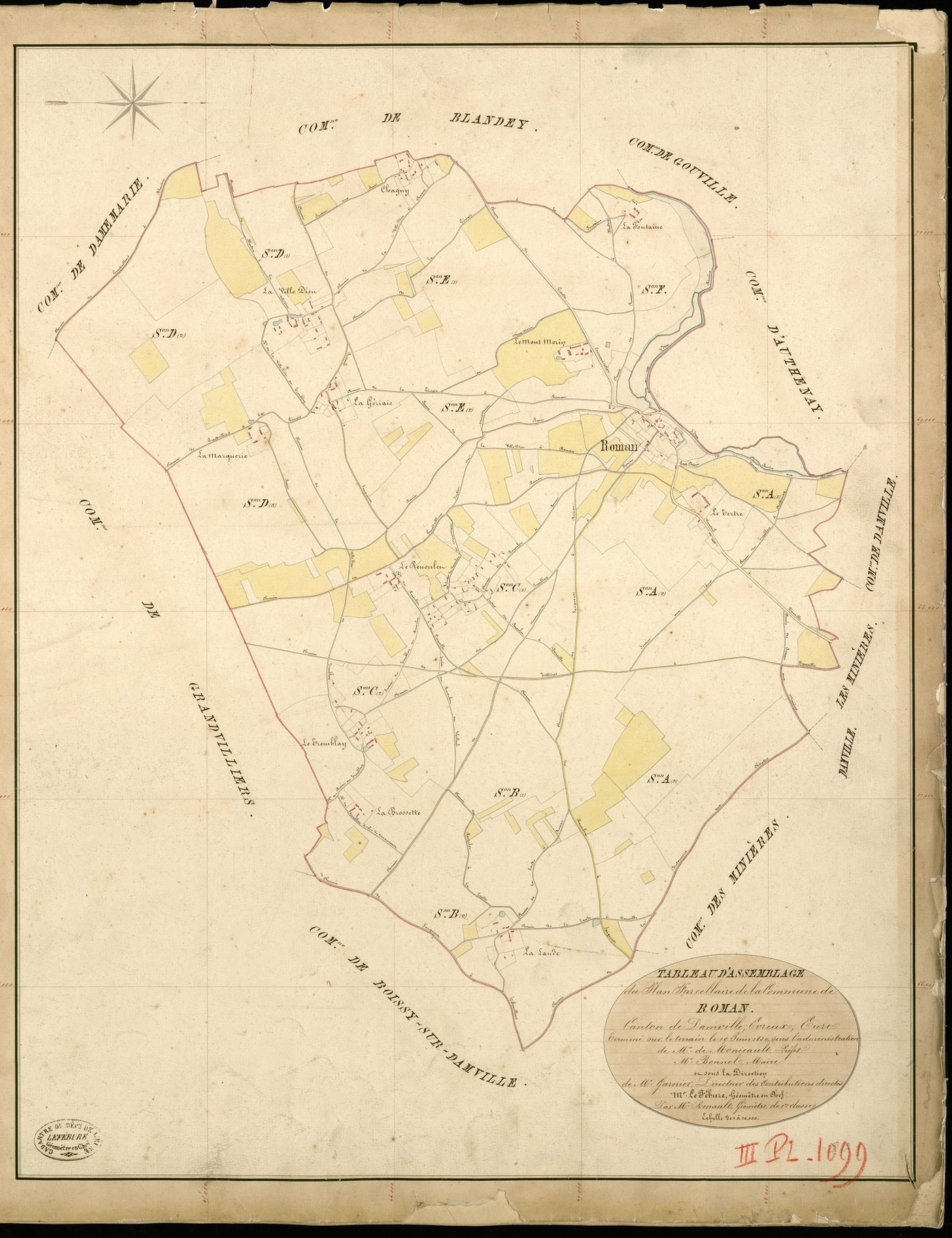 Roman. Tableau d'assemblage _ du Plan Parcellaire de la Commune de Roman _ Canton de Damville - Evreux - Eure. _ Terminé sur le Terrain le 19 Juin 1839 , sous l'administration de M. de Monicault, Préfet _ M. Bonnel, Maire _ sous la Directio