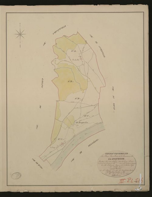 Roquette (La). Tableau d'assemblage du Plan Parcellaire de la Commune de La Roquette. _ Canton des Andelys - Andelys, Eure. _ Terminé sur le terrain en 1830, sous l'administration de M. Le Vicomte Raymond Delaitre, Préfet - M. Calot, Maire 