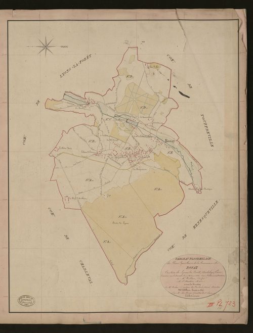 Rosay-sur-Lieure. Tableau d'assemblage du Plan Parcellaire de la Commune de Rosay _ Canton de Lyons-la-Forêt - Andelys - Eure. _ Terminé sur le terrain le 7 mars 1849, sous l'administration de M. Vallon, Préfet - M. Martin, Maire et sous la