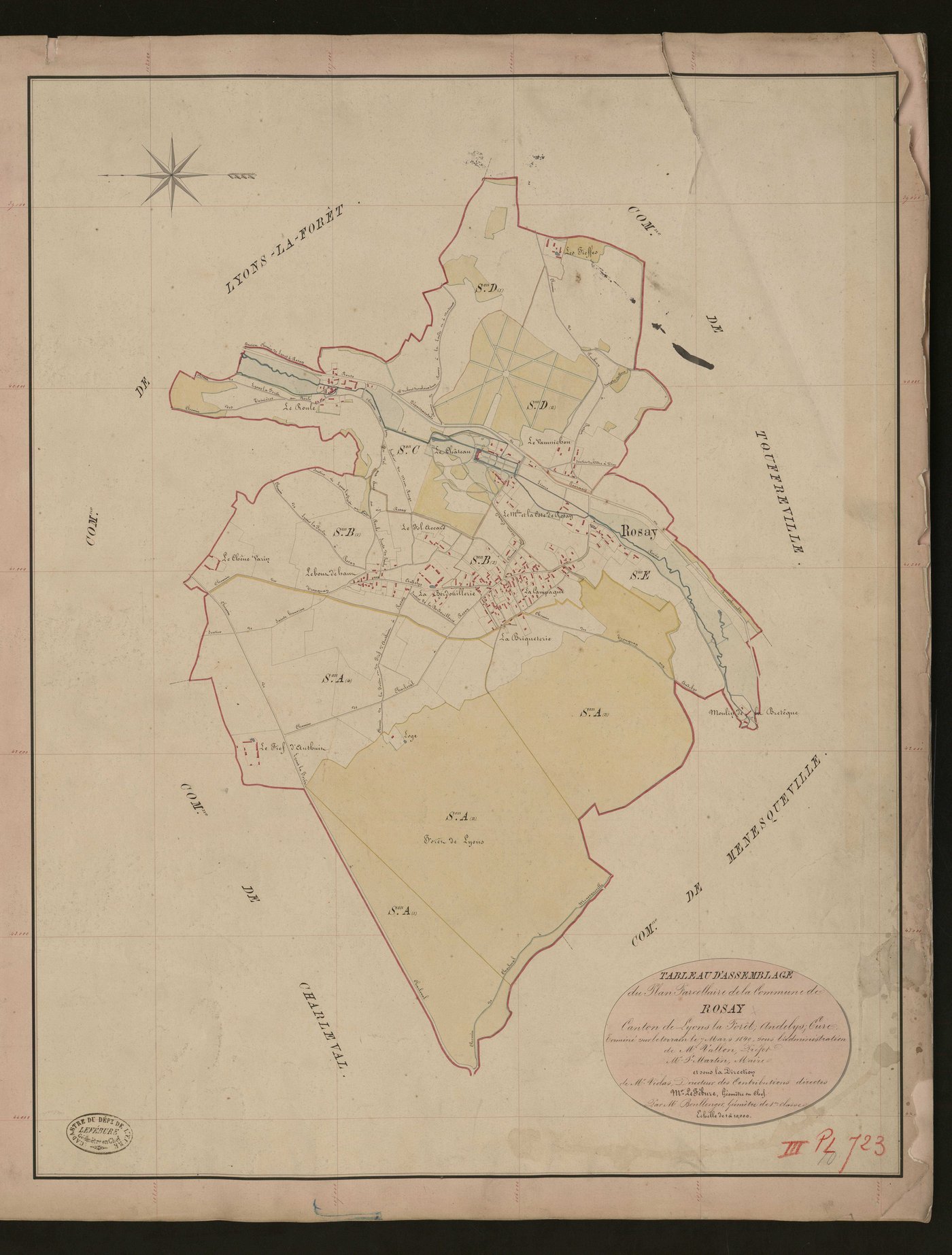 Rosay-sur-Lieure. Tableau d'assemblage du Plan Parcellaire de la Commune de Rosay _ Canton de Lyons-la-Forêt - Andelys - Eure. _ Terminé sur le terrain le 7 mars 1849, sous l'administration de M. Vallon, Préfet - M. Martin, Maire et sous la