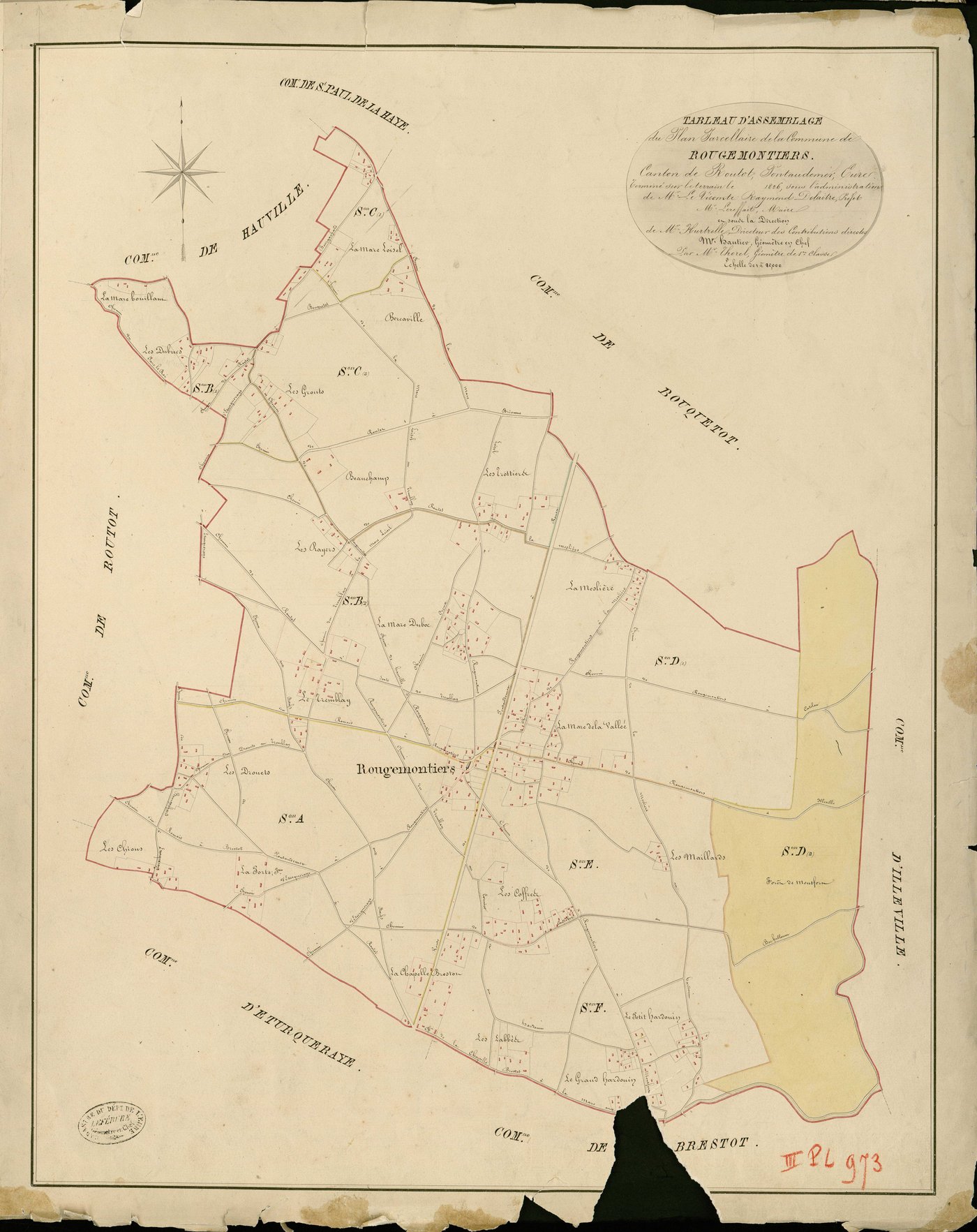 Rougemontiers. Tableau d'assemblage _ du Plan Parcellaire de la Commune de Rougemontiers _ Canton de Routot - Pontaudemer - Eure. _ Terminé sur le Terrain en 1826 , sous l'administration de M.Le Vicomte Raymond Delaitre, Préfet _ M. Lereffa