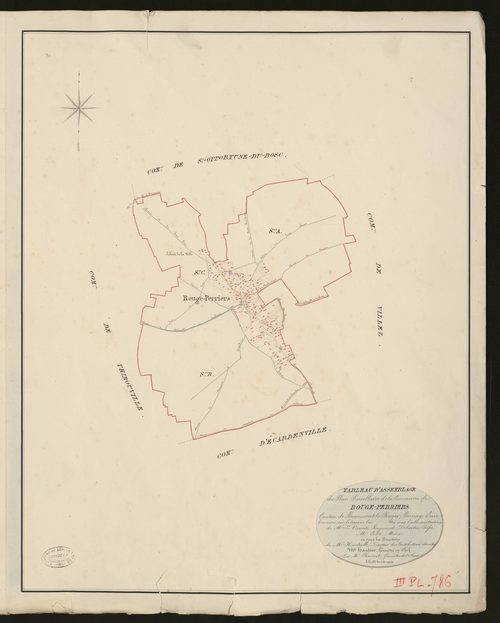 Rouge-Perriers. Tableau d'assemblage du Plan Parcellaire de la Commune de Rouge-Perriers _ Canton de Beaumont-le-Roger - Bernay - Eure. _ Terminé sur le terrain le 1826, sous l'administration de M. Le Vicomte Raymond Delaitre, Préfet - M. C
