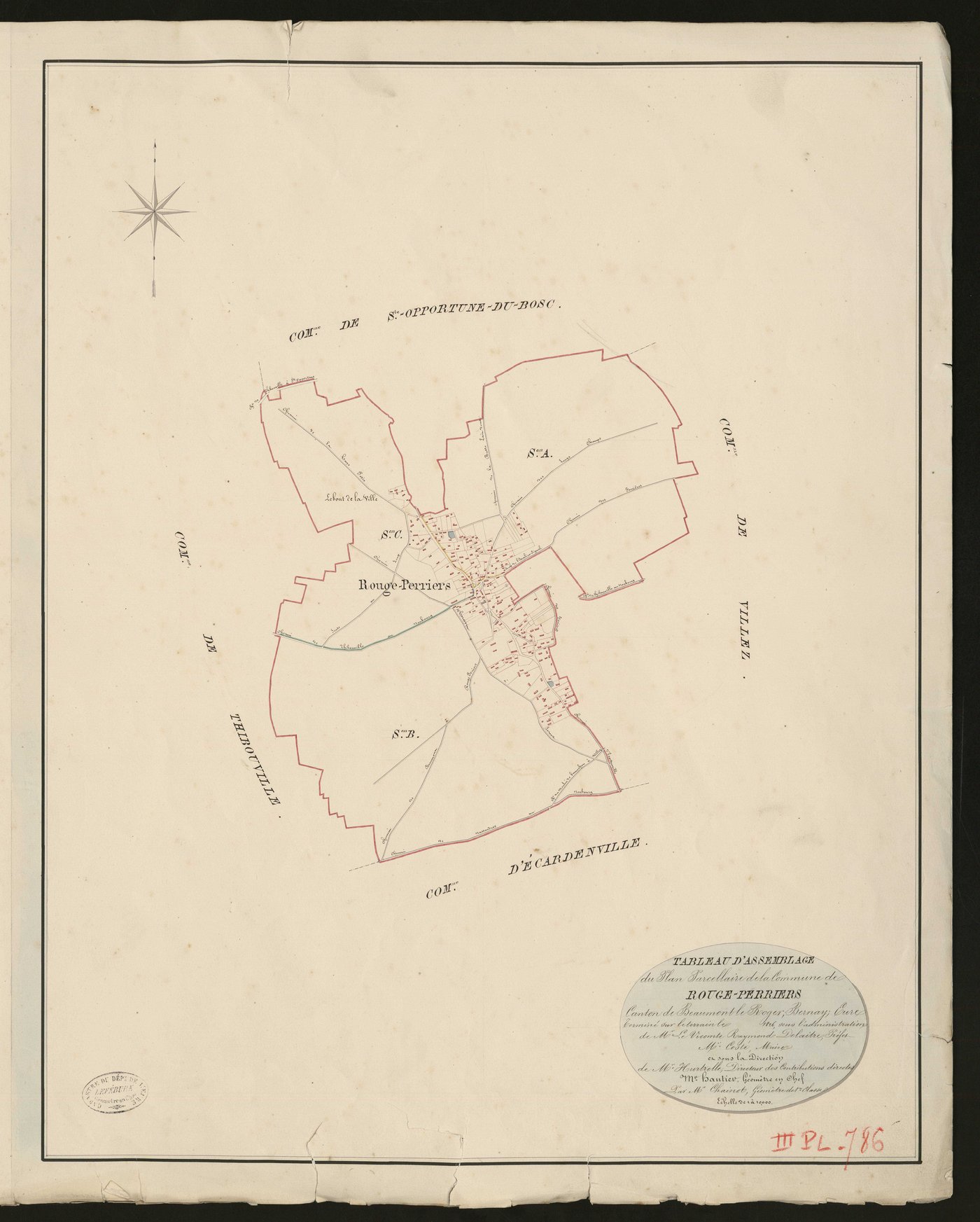 Rouge-Perriers. Tableau d'assemblage du Plan Parcellaire de la Commune de Rouge-Perriers _ Canton de Beaumont-le-Roger - Bernay - Eure. _ Terminé sur le terrain le 1826, sous l'administration de M. Le Vicomte Raymond Delaitre, Préfet - M. C